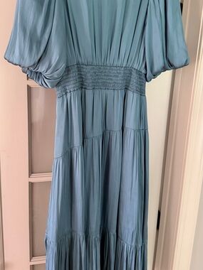 THML Sky Blue Smocked-Waist Puff Sleeve Maxi Dress